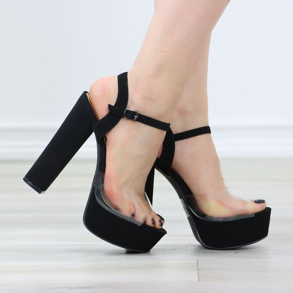Black Suede Clear Strap Platform High Heels - Picture 1 of 12